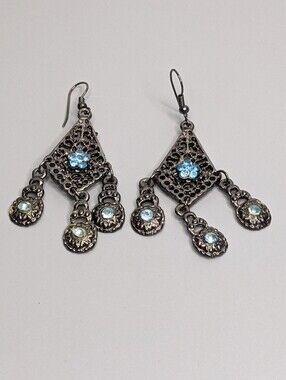 Vintage Heavy Filigree Chandelier Earrings Blue Glass Stones Boho Statement